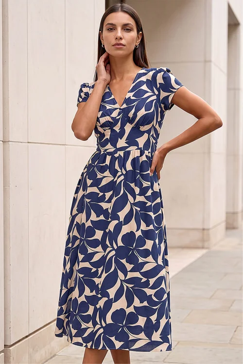 Roman Navy Leaf Print V-Neck Midi Dress - 12 Image 1