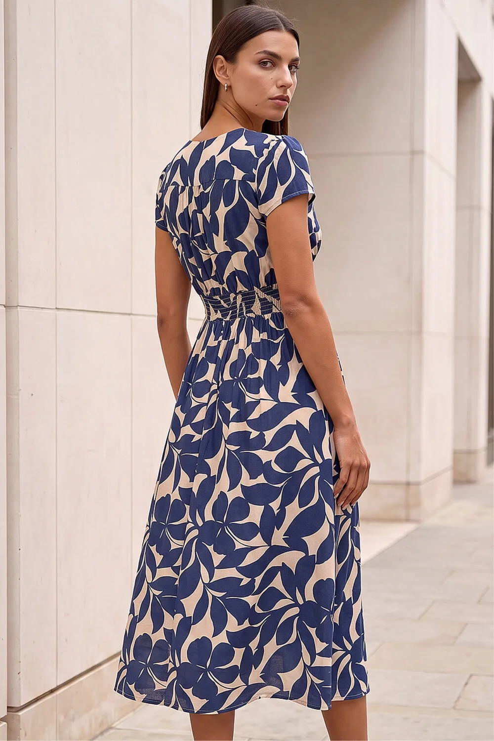 Roman Navy Leaf Print V-Neck Midi Dress - 12 Image 3