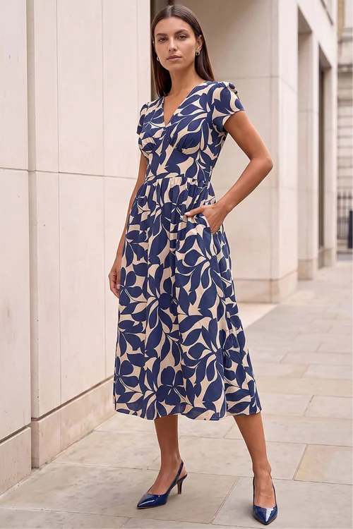 Roman Navy Leaf Print V-Neck Midi Dress - 12 Image 2