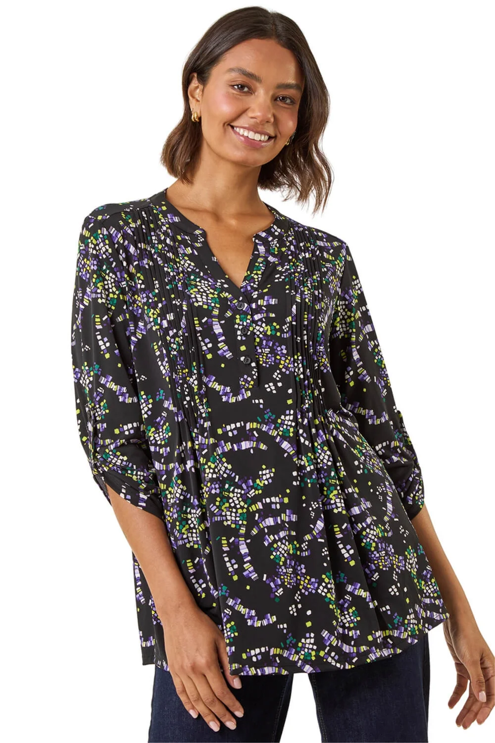 Roman Lime Abstract Print Pintuck Stretch Top - Size 20 Clothing Image 1