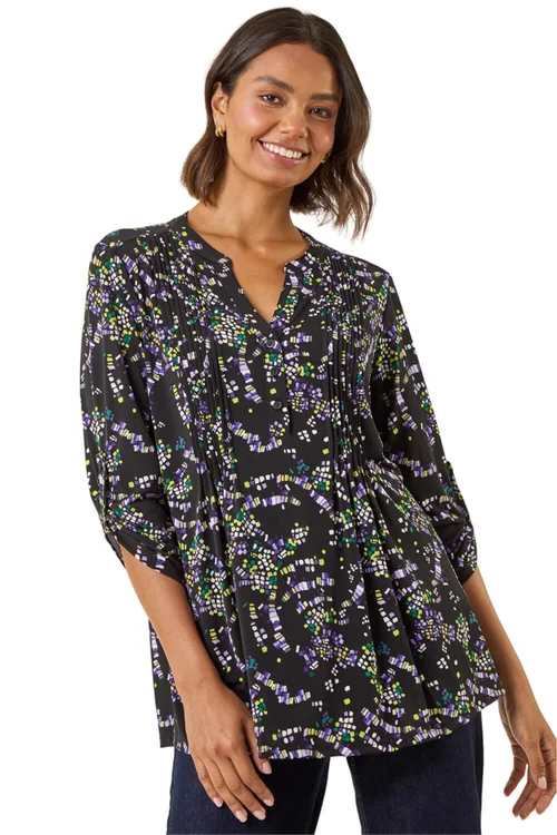 Roman Lime Abstract Print Pintuck Stretch Top - Size 20 Clothing Image 1