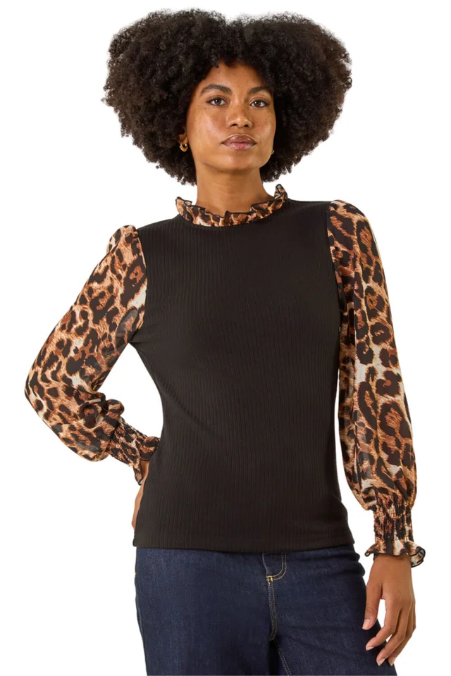 Roman Black Animal Print Sleeve Stretch Top