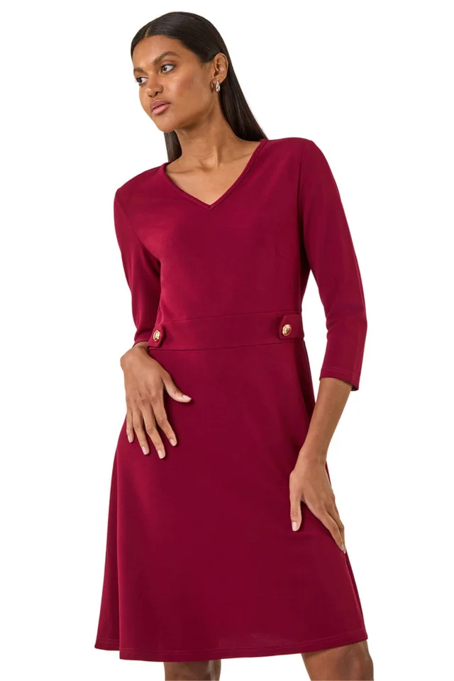 Roman Wine V-Neck Buttoned Stretch Dress