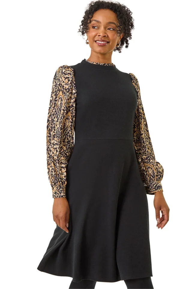 Roman Black Petite Contrast Frill Stretch Dress