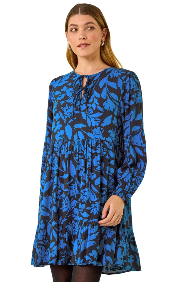 Roman Blue Floral Print Tie Front Smock Dress