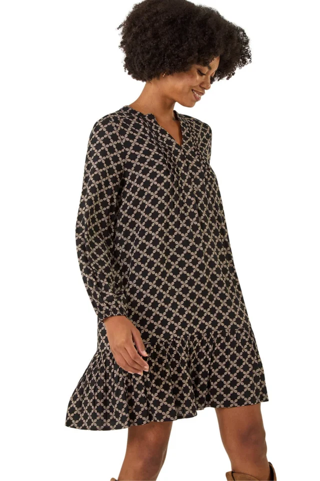 Roman Black Geo Print Pintuck Smock Dress