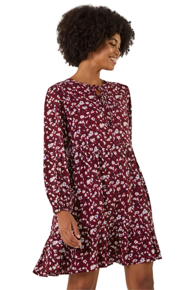 Roman Wine Floral Tie Front Smock Dress