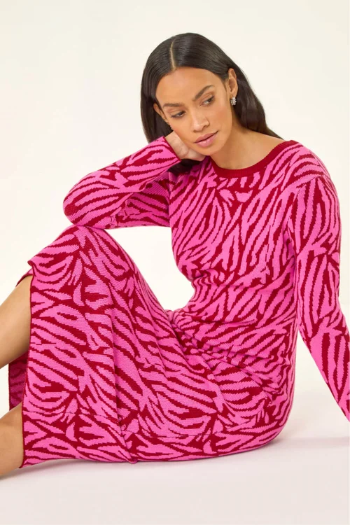 Dusk Fuchsia Animal Print Knit Bodycon Dress - Size 14 Clothing Image 2