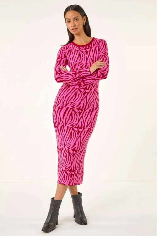 Dusk Fuchsia Animal Print Knit Bodycon Dress - Size 14 Clothing Image 3