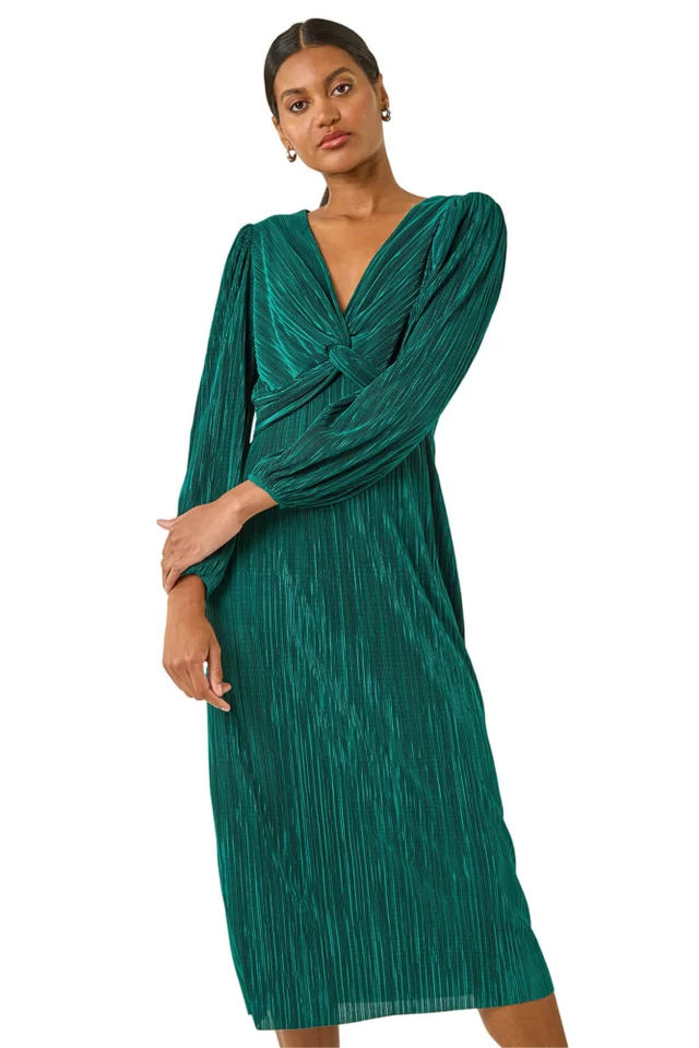 Roman Green Plisse Twist Front Midi Dress