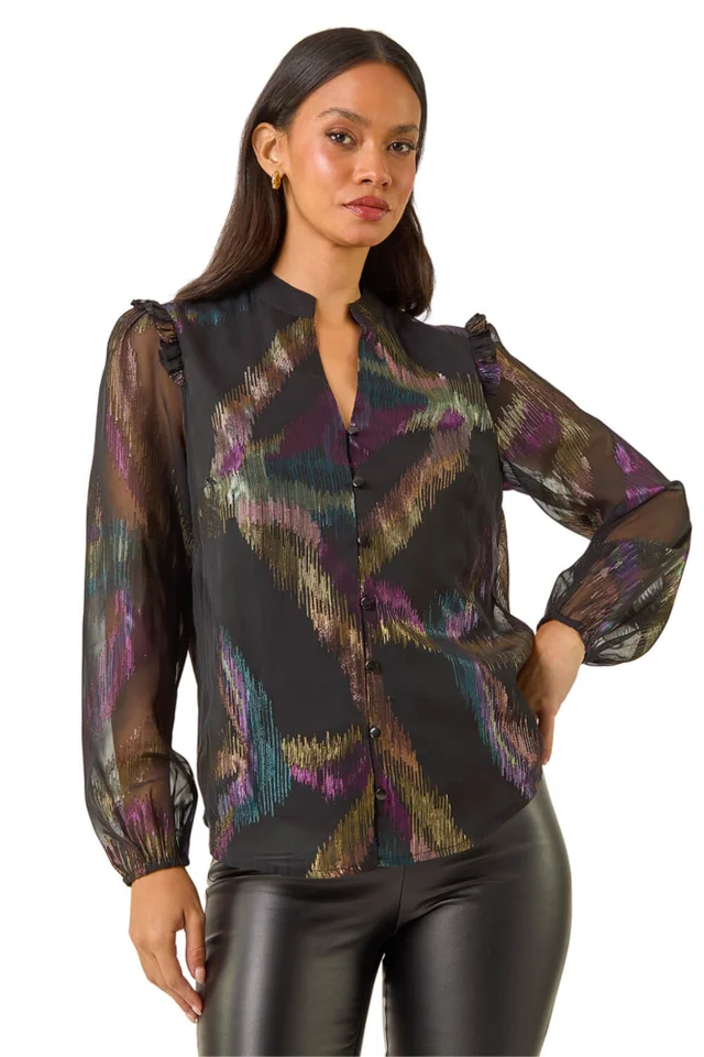 Dusk Black Foil Frill Mesh Shirt