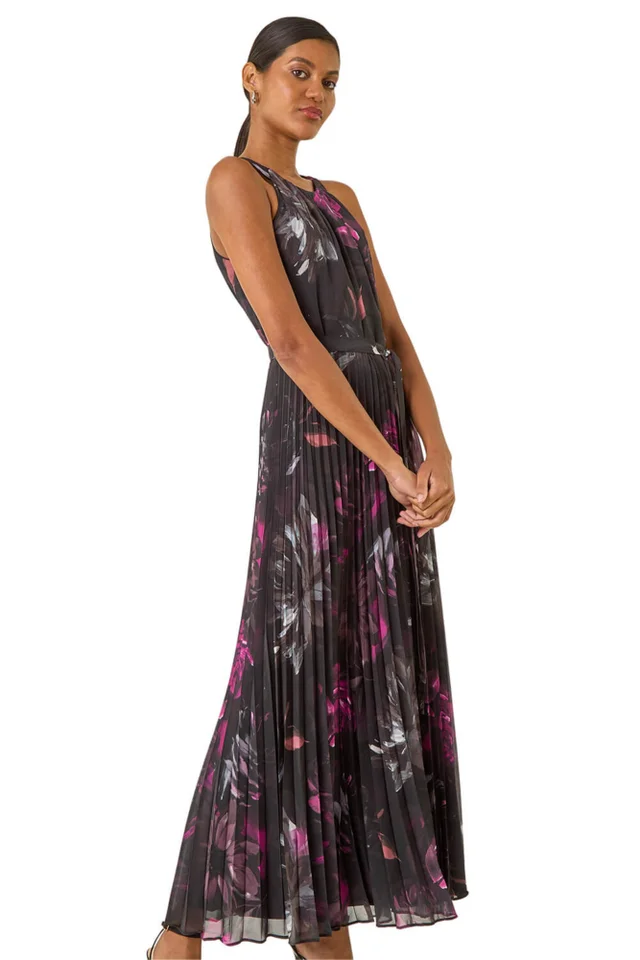 Roman Black Floral Pleated Halter Neck Maxi Dress