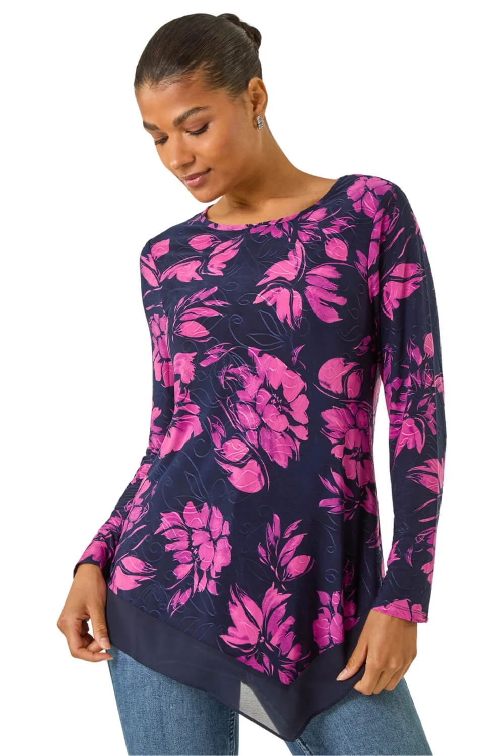 Roman Pink Floral Jacquard Chiffon Hem Top - Size 20 Clothing Image 1