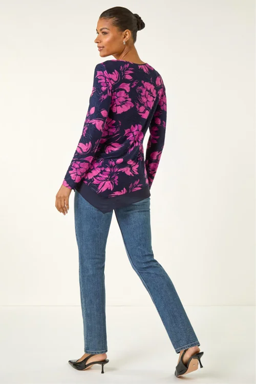 Roman Pink Floral Jacquard Chiffon Hem Top - Size 20 Clothing Image 3