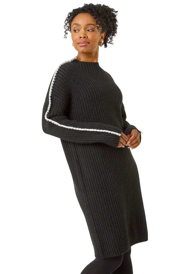 Roman Black Petite Ribbed Knitted Dress