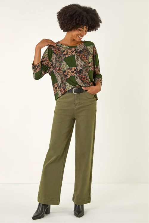 Roman Green Floral Patchwork Stretch Top - Size 14 Clothing Image 3