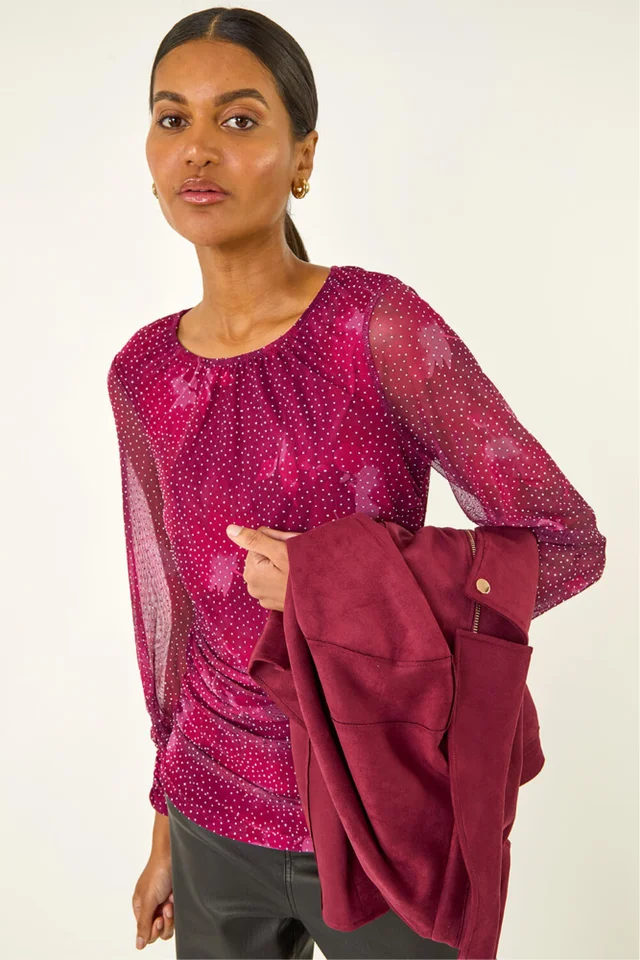Roman Pink Printed Stud Mesh Stretch Top