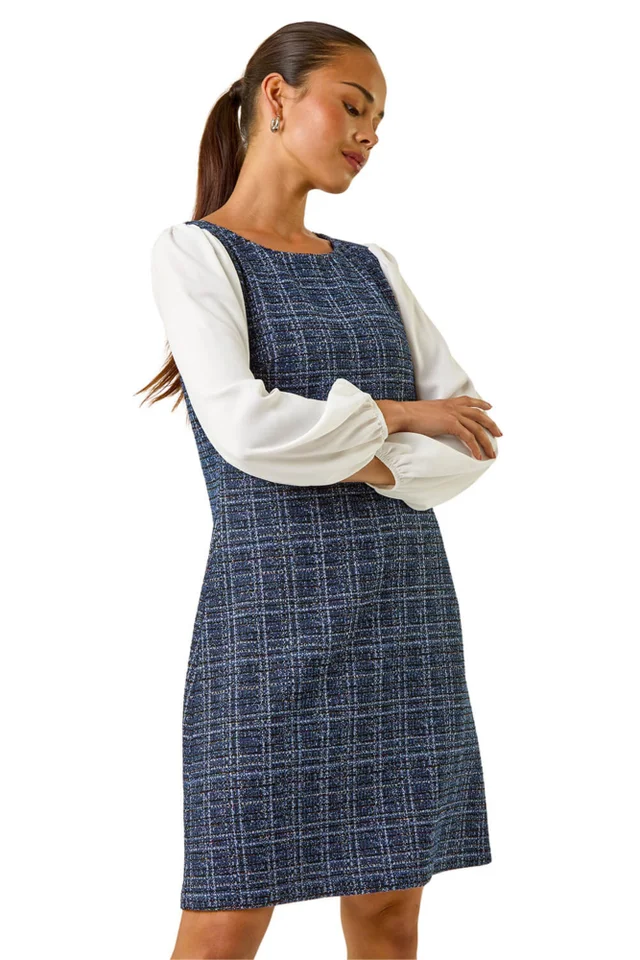 Roman Navy Petite Boucle Contrast Sleeve Dress