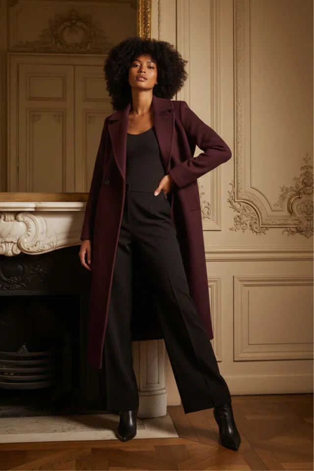 Roman Burgundy Textured Buttoned Boucle Coat
