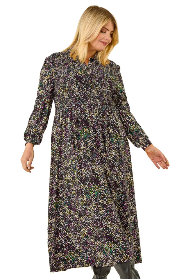 Roman Purple Curve Abstract Print Shirred Midi Dress