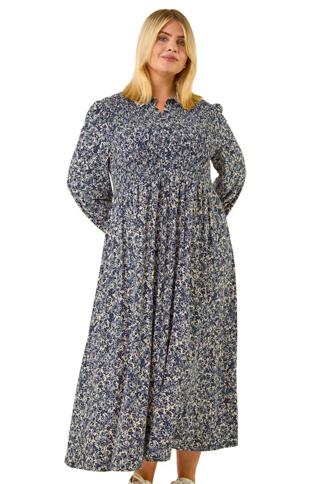 Roman Blue Curve Abstract Print Shirred Midi Dress