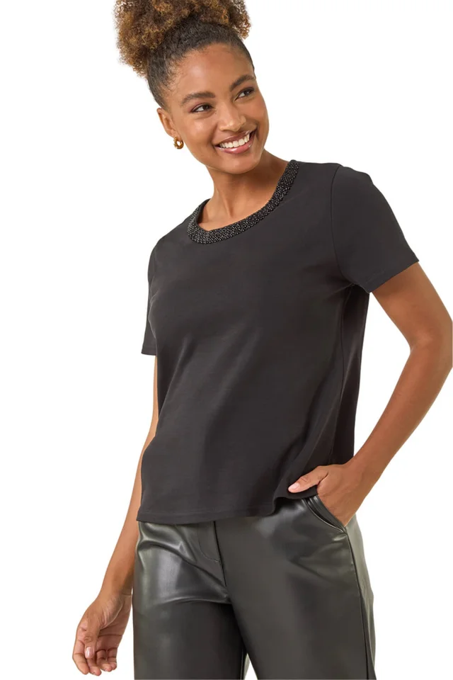 Roman Black Beaded Short Sleeve Top