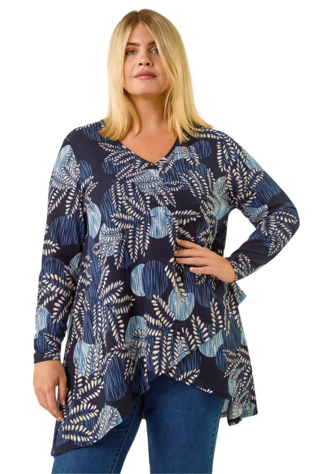 Roman Navy Curve Floral Print V-Neck Top