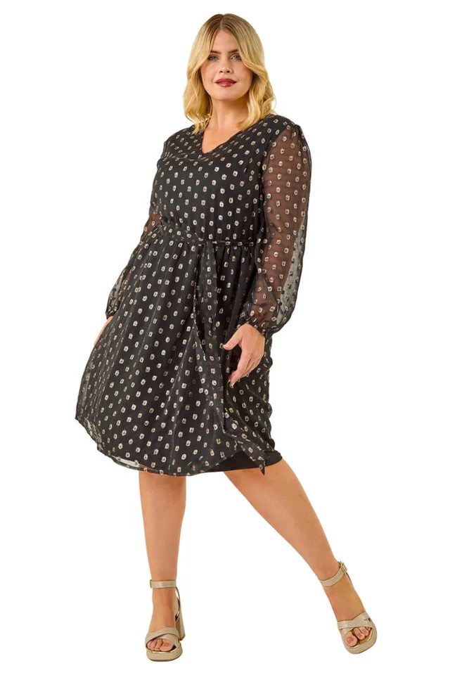 Roman Black Curve Polka Dot Dress
