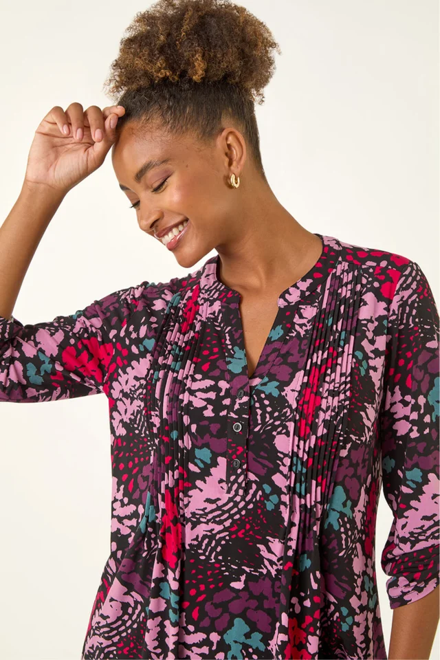 Roman Pink Abstract Animal Print Pintuck Shirt