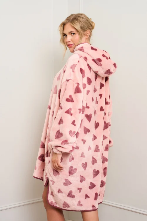 JimJam Pink Heart Print Oversized Zip Hoody - One Size Image 3