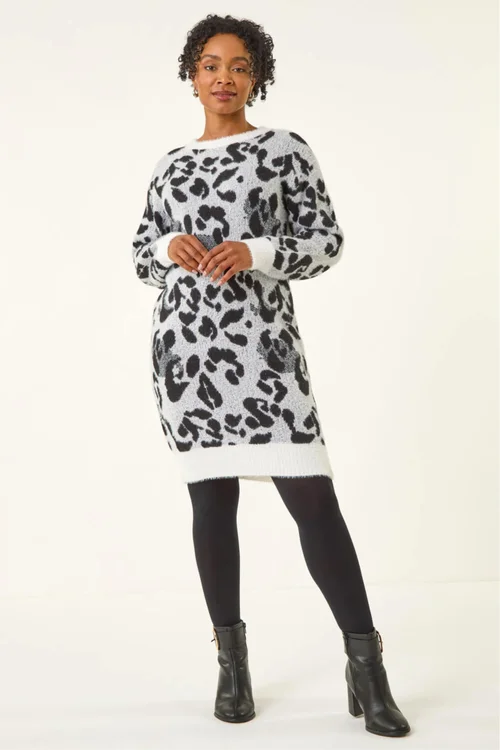 Roman Grey Petite Animal Print Knitted Dress - 14 Image 2