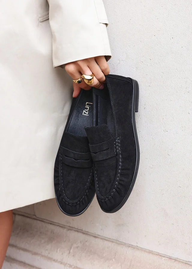 Linzi Belmont Black Suede Leather Ruched Loafer