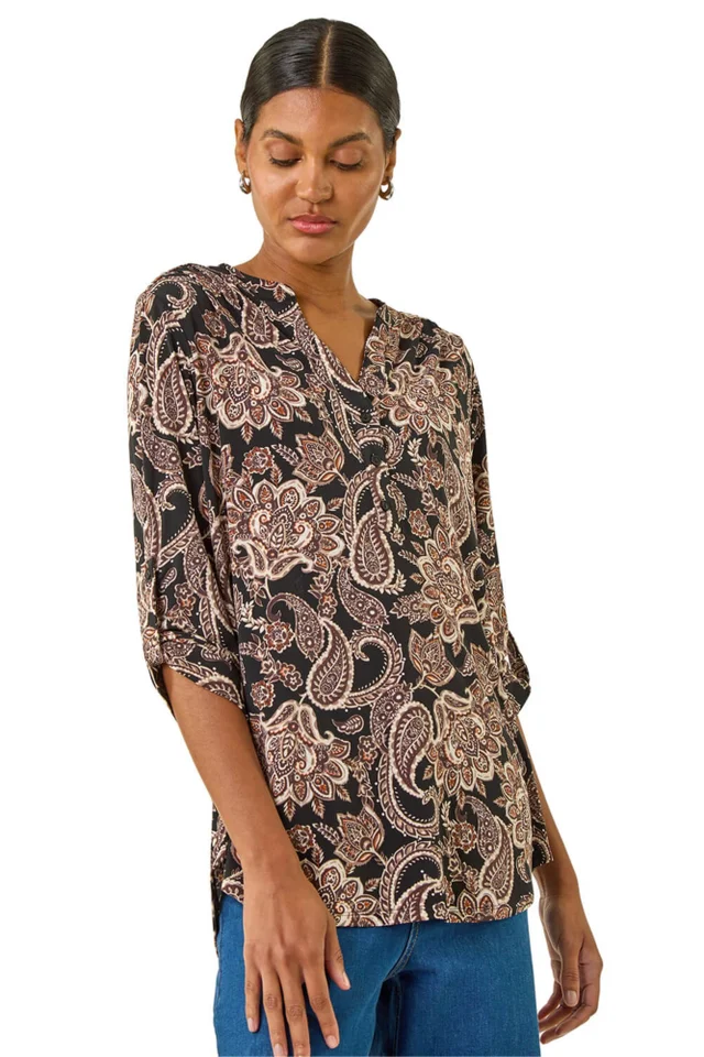 Roman Beige Paisley Print V-Neck Stretch Shirt