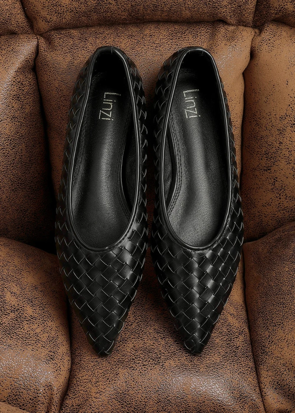 Linzi Talina Black Faux Leather Woven Pointed Toe Ballet Flats - Size 7 Image 1