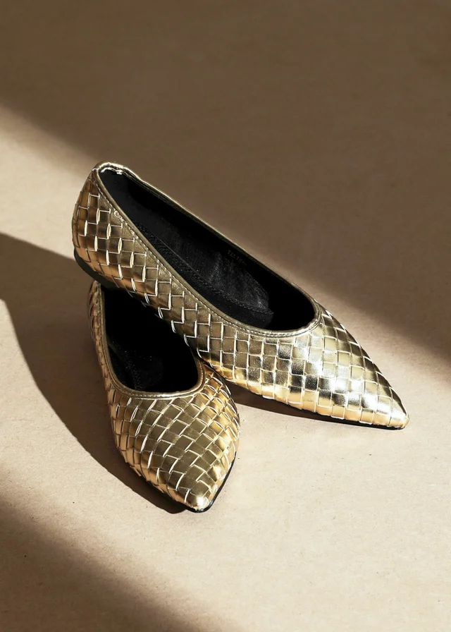 Linzi Talina Gold Faux Leather Woven Pointed Toe Ballet Flats