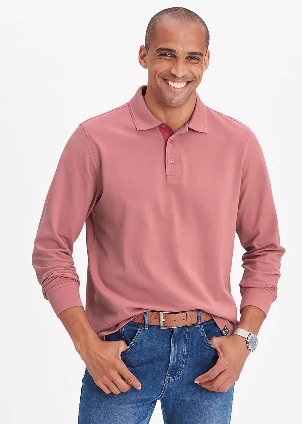 Cotton Traders Dusty Pink Long Sleeve Polo Shirt - Small Image 2