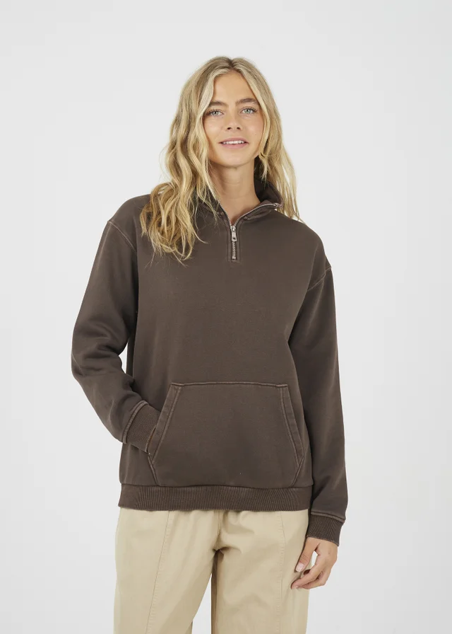 Brave Soul Brown Quarter Zip Funnel Neck Sweatshirt