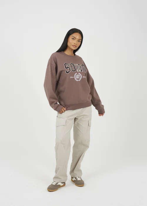 Brave Soul Taupe Slogan Crew Neck Sweatshirt - Extra small Image 4