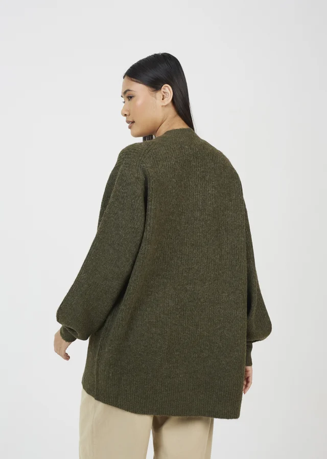 Brave Soul Khaki Fisherman Knit Dropped Shoulder Cardigan