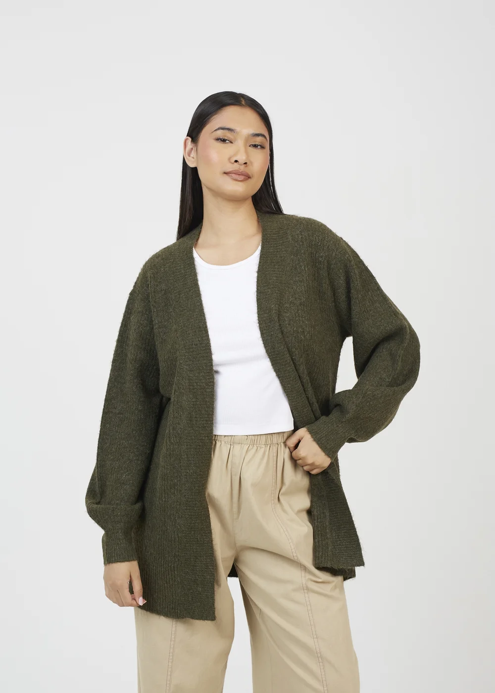 Brave Soul Khaki Fisherman Knit Dropped Shoulder Cardigan - Small Image 1