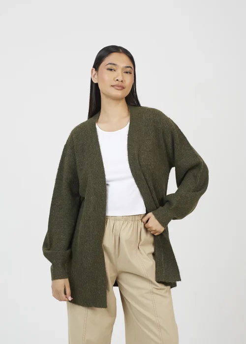 Brave Soul Khaki Fisherman Knit Dropped Shoulder Cardigan - Small Image 1
