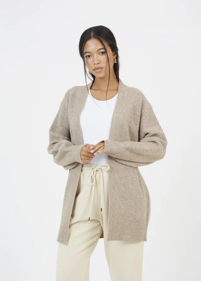 Brave Soul Taupe Fisherman Knit Dropped Shoulder Cardigan
