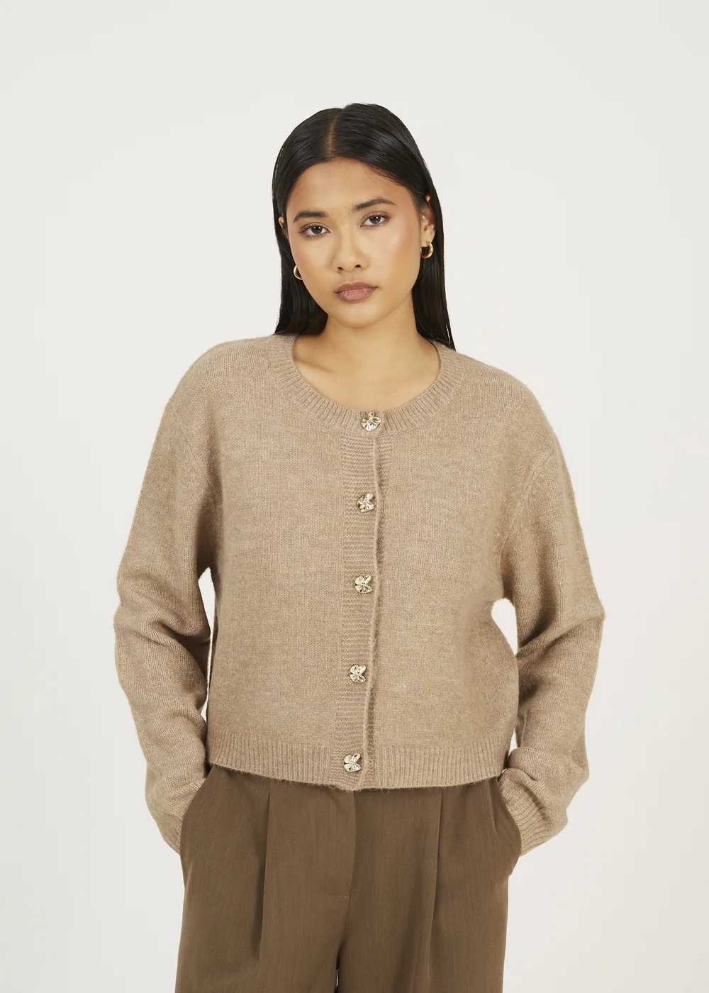 Brave Soul Taupe Round Neck Jersey Knit Cardigan - Small Image 1