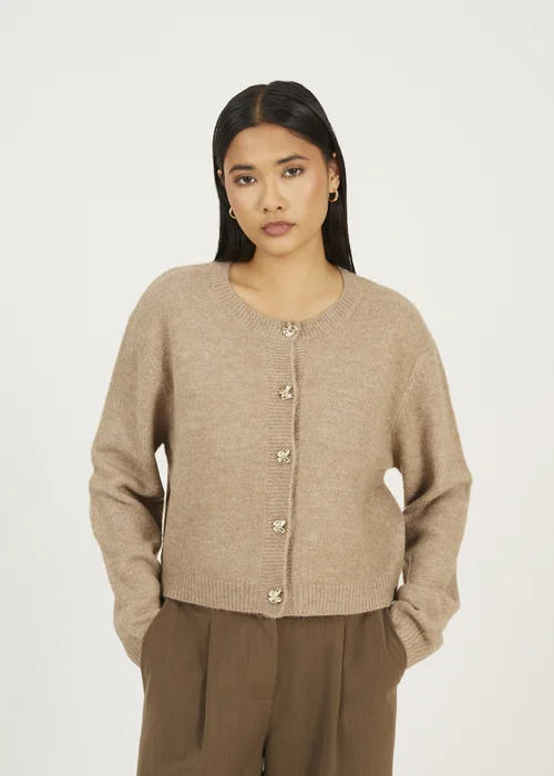 Brave Soul Taupe Round Neck Jersey Knit Cardigan - Small Image 1