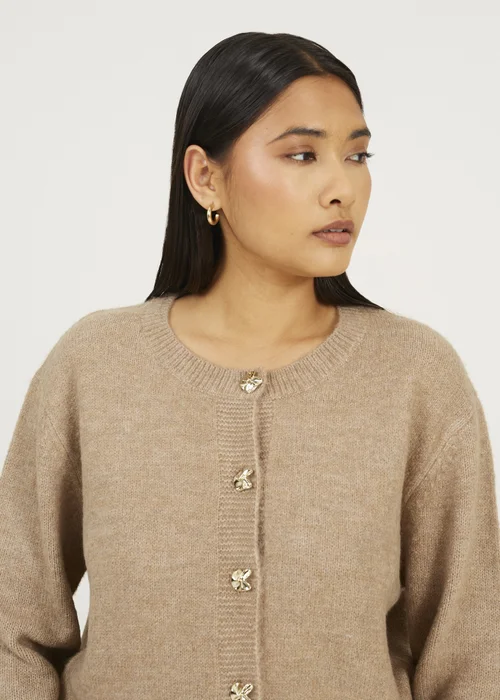 Brave Soul Taupe Round Neck Jersey Knit Cardigan - Small Image 3