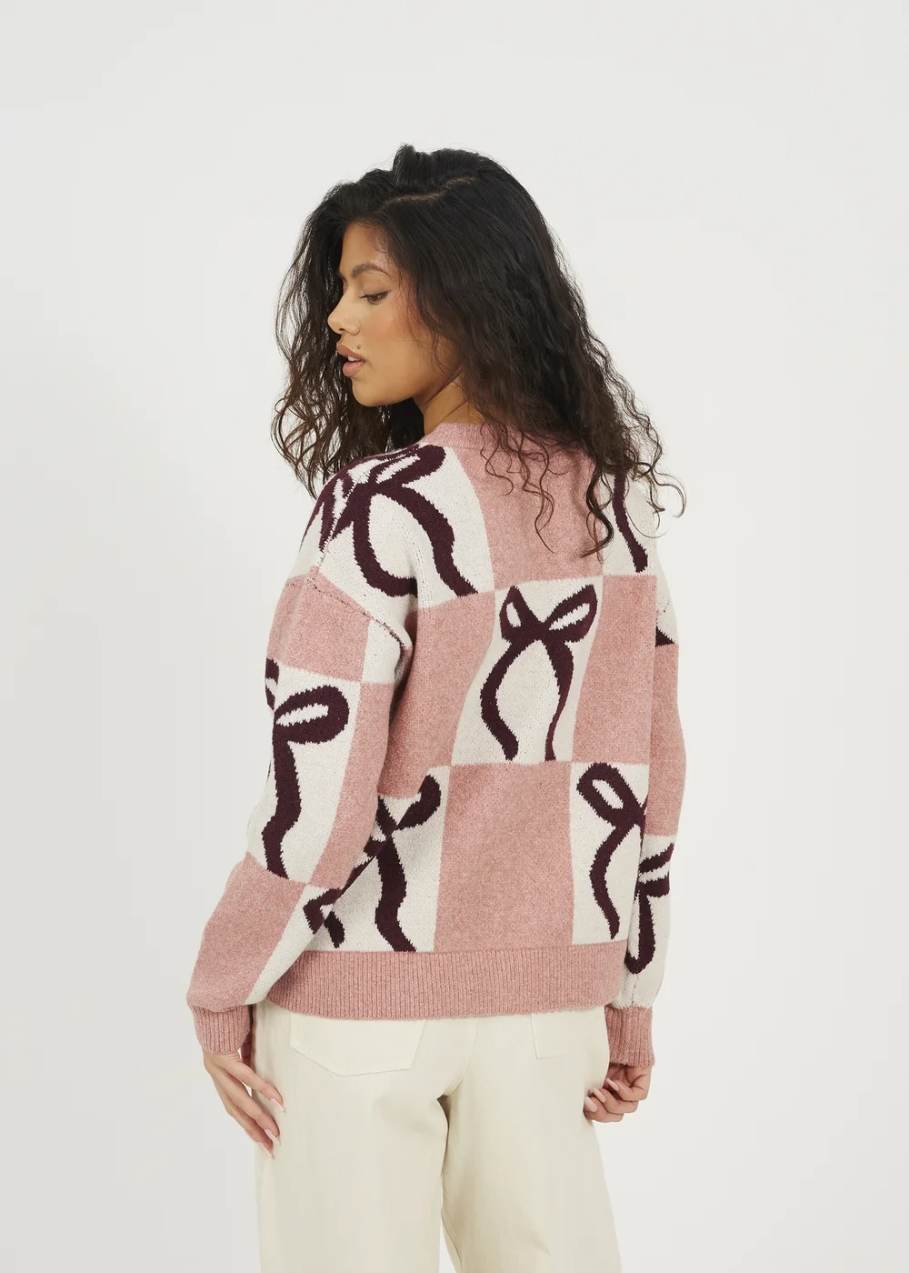 Brave Soul Pink Bow Jacquard Knit Jumper - Large Image 2