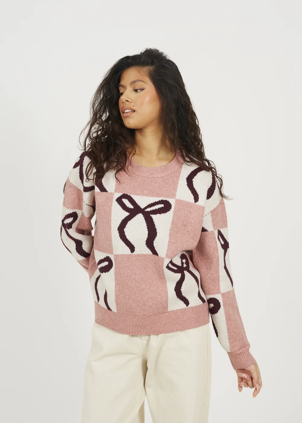 Brave Soul Pink Bow Jacquard Knit Jumper - Large Image 1