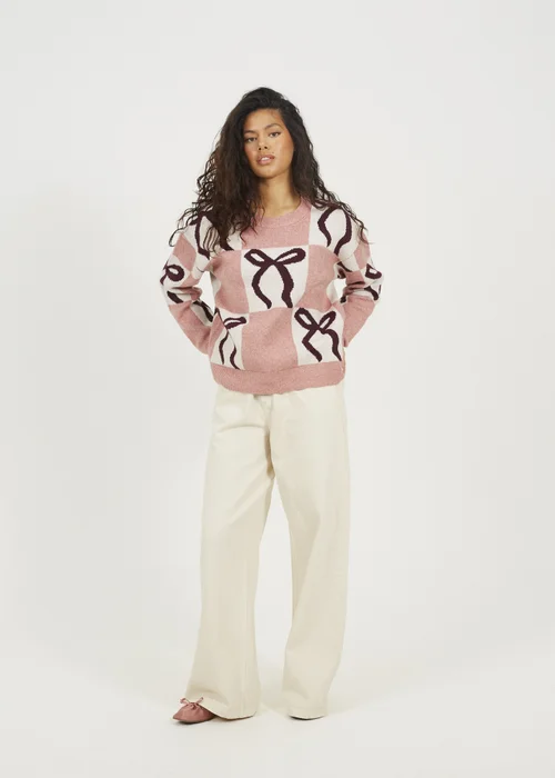 Brave Soul Pink Bow Jacquard Knit Jumper - Large Image 4