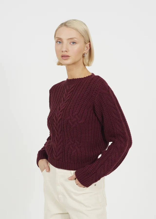 Brave Soul Burgundy Crew Neck Cable Knit Jumper