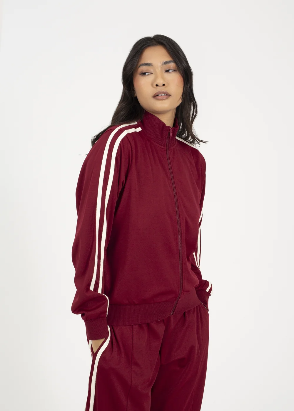 Brave Soul Burgundy Side Stripe Zip Through Sweatshirt - Large Image 1